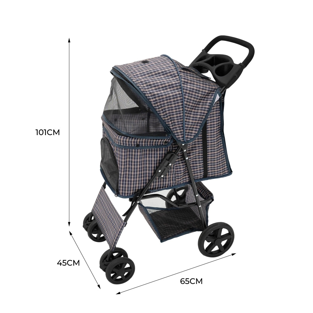 Passeggino Animali Pieghevole Blu Tartan Cane Gatto Tettuccio Antipioggia