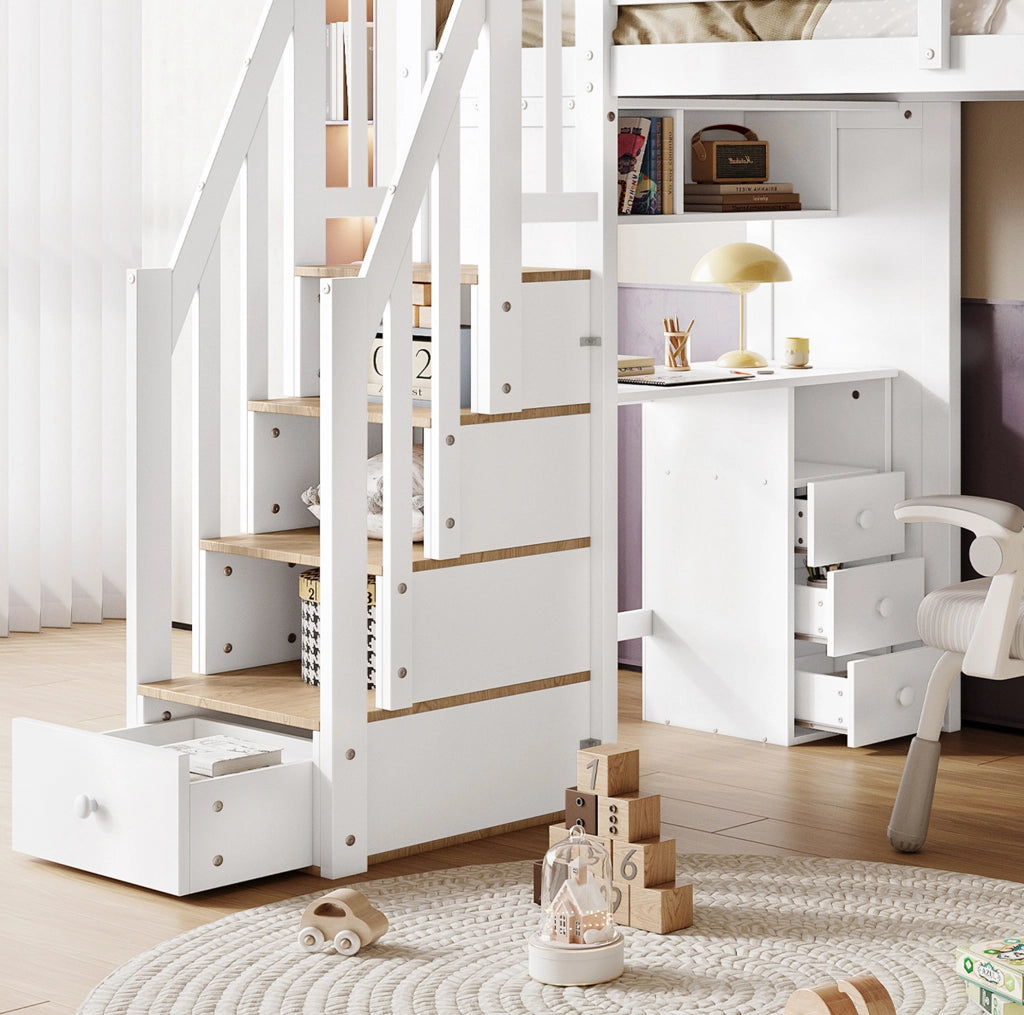 Letto a castello multifunzione con scrivania, scala contenitore e 3 cassetti