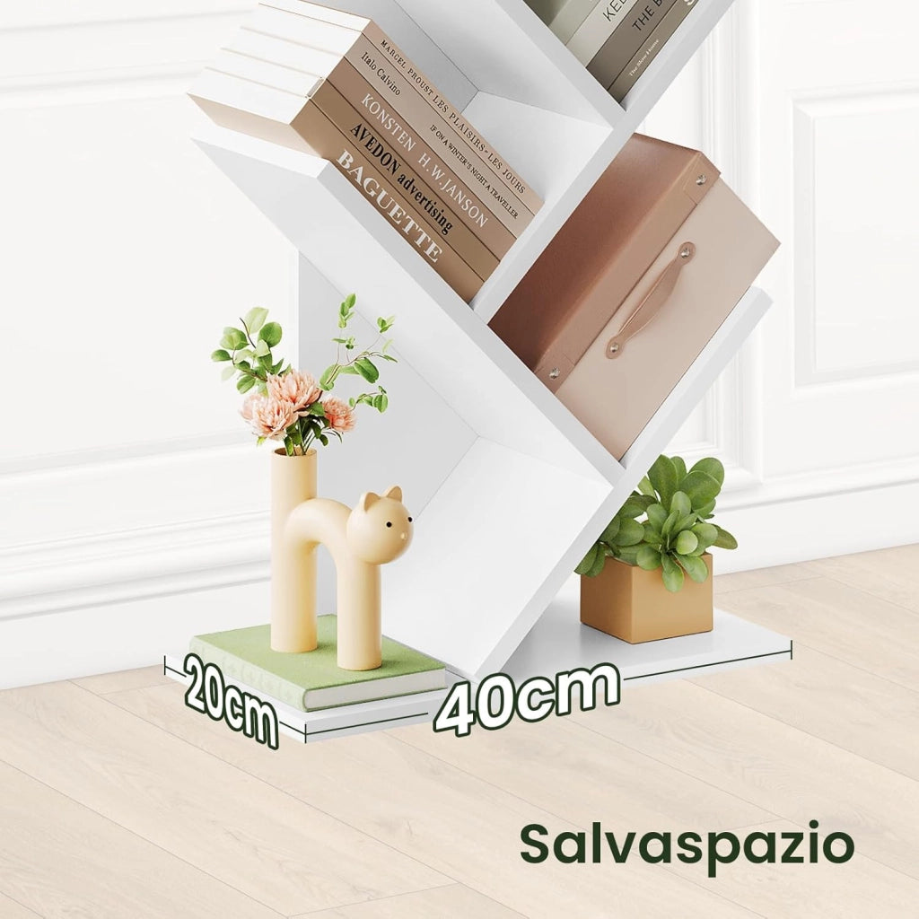 Libreria ad Albero Moderna Scaffale Salvaspazio a 9 Ripiani in Legno Porta Libri per Soggiorno Camera Studio Bianco, 40x20x127cm