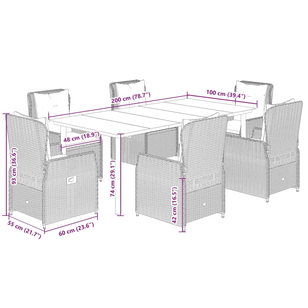 Set da Pranzo da Giardino 7 pz Cuscini Polyrattan Grigio Chiaro