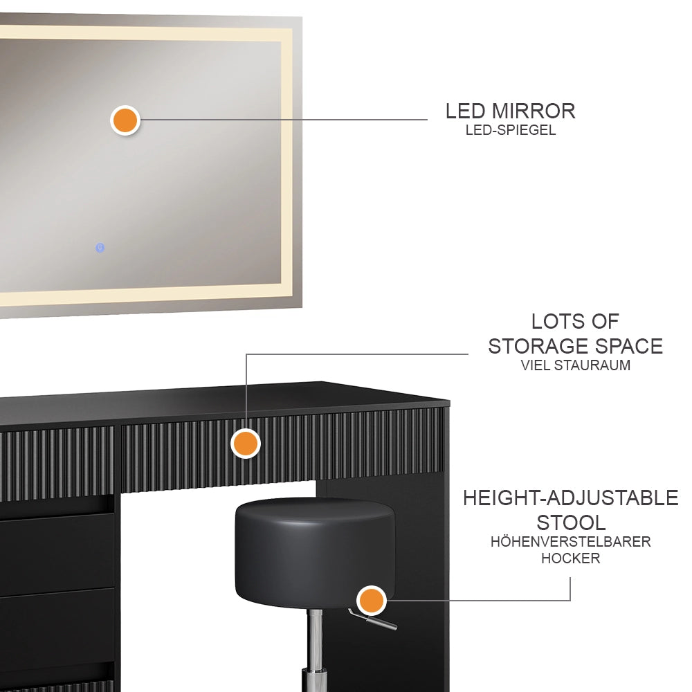 Vicco Tavolo da toilette Nero 120 cm con specchio LED e sgabello