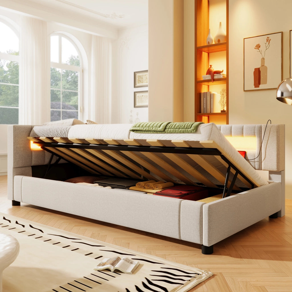 Lettino prendisole idraulico con luci LED e USB 90x200 cm colore beige lino