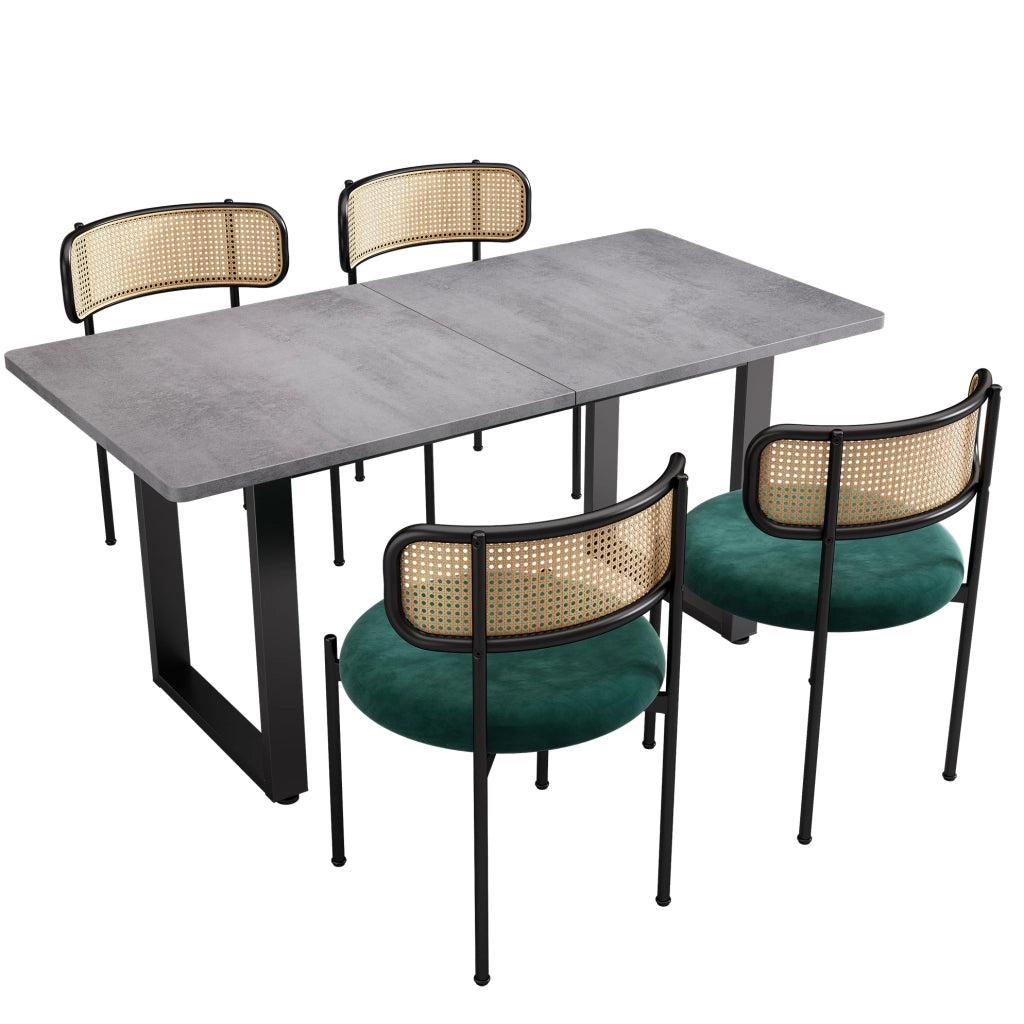 Set da pranzo 5 pezzi con 4 sedie in velluto e tavolo rettangolare; nero e grigio; stile industriale