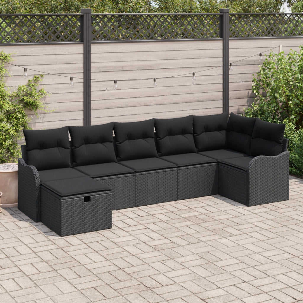 Set Divano da Giardino a 7 Pezzi con Cuscini in Rattan Sintetico Nero