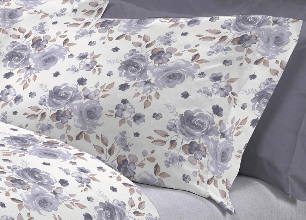 Completo Lenzuola Letto 100% Cotone Italy 3027 Disegno Rosa - Singolo - Grigio