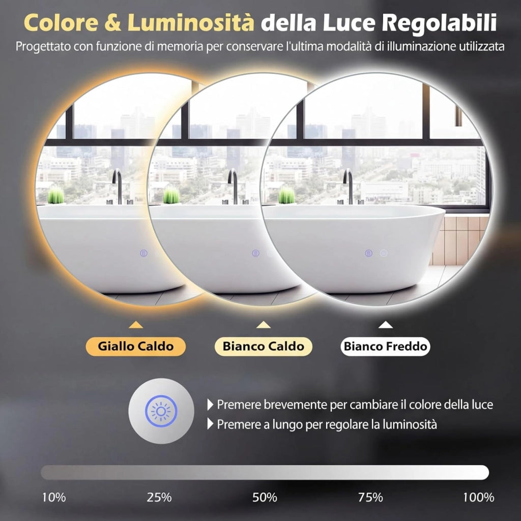 Specchio Rotondo LED da 60 cm, Specchio da Bagno da Parete con Luminosità Regolabile, Retroilluminato Morbido, Vetro Temperato con Funzione Memoria e Anti-Appannamento (60 cm x 2,8 cm)
