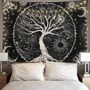 Tessuto per parete con disegno di mandala cosmico, stelle e luna, sole e stili psichedelici, per decorazione di camera da letto (175x230cm)