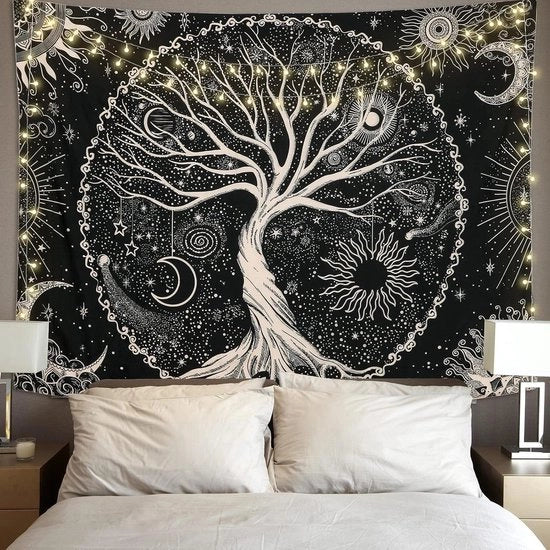 Tessuto per parete con disegno di mandala cosmico, stelle e luna, sole e stili psichedelici, per decorazione di camera da letto (175x230cm)