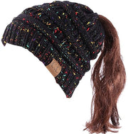 Cappello in Lana per Donne - Beanie con Finti Ghiaccio - Muffa con Coda di Cavallo - Cappello con Intrecci - Nero