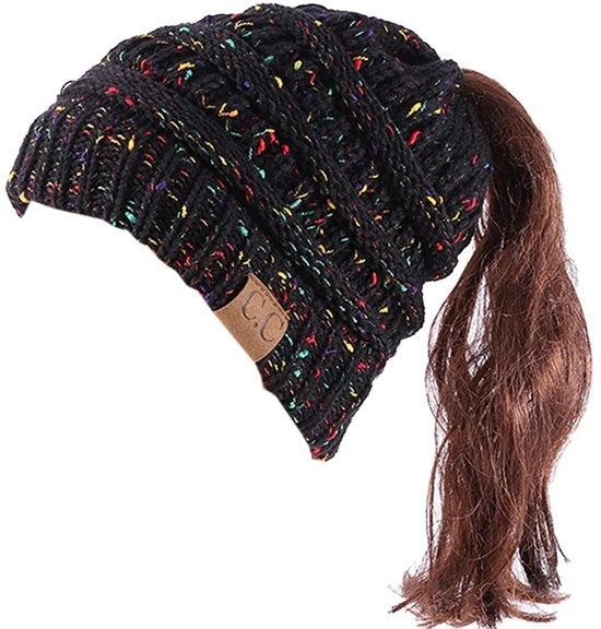 Cappello in Lana per Donne - Beanie con Finti Ghiaccio - Muffa con Coda di Cavallo - Cappello con Intrecci - Nero
