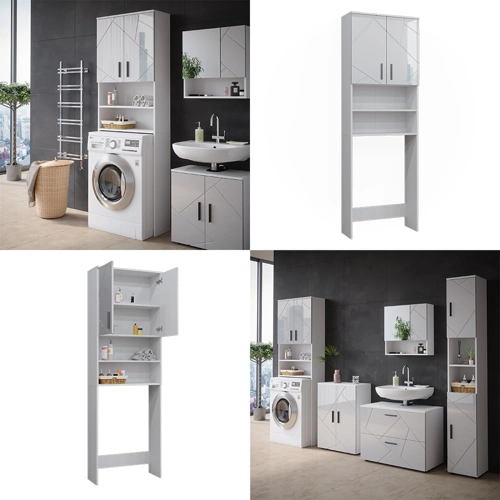 Mobiletto per lavatrice Irma, Bianco lucido, 64 x 190.5 cm, adatto per riporre oggetti e come supporto per lavatrici