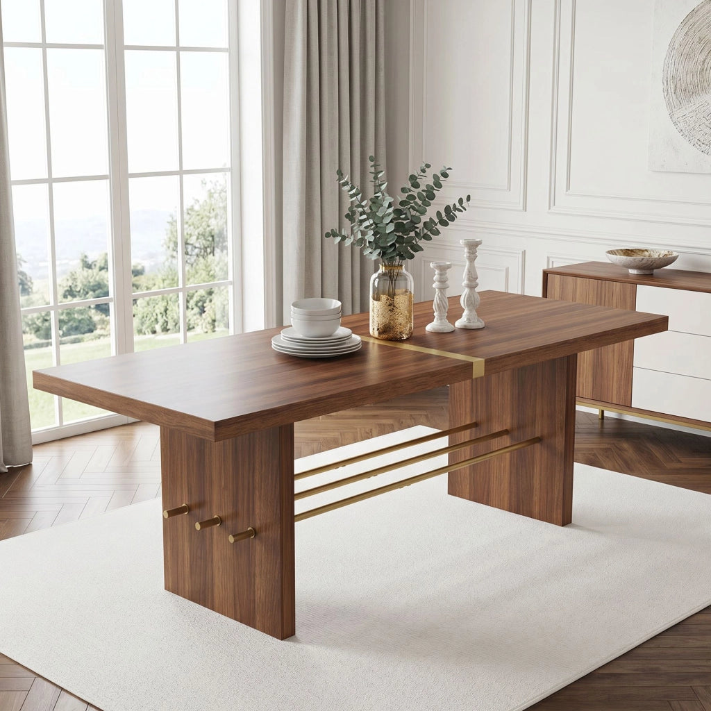 Tavolo da pranzo per 6-8 persone in MDF, piano spesso 4 cm, effetto noce e dettagli oro, per sala da pranzo, 180 × 75 cm
