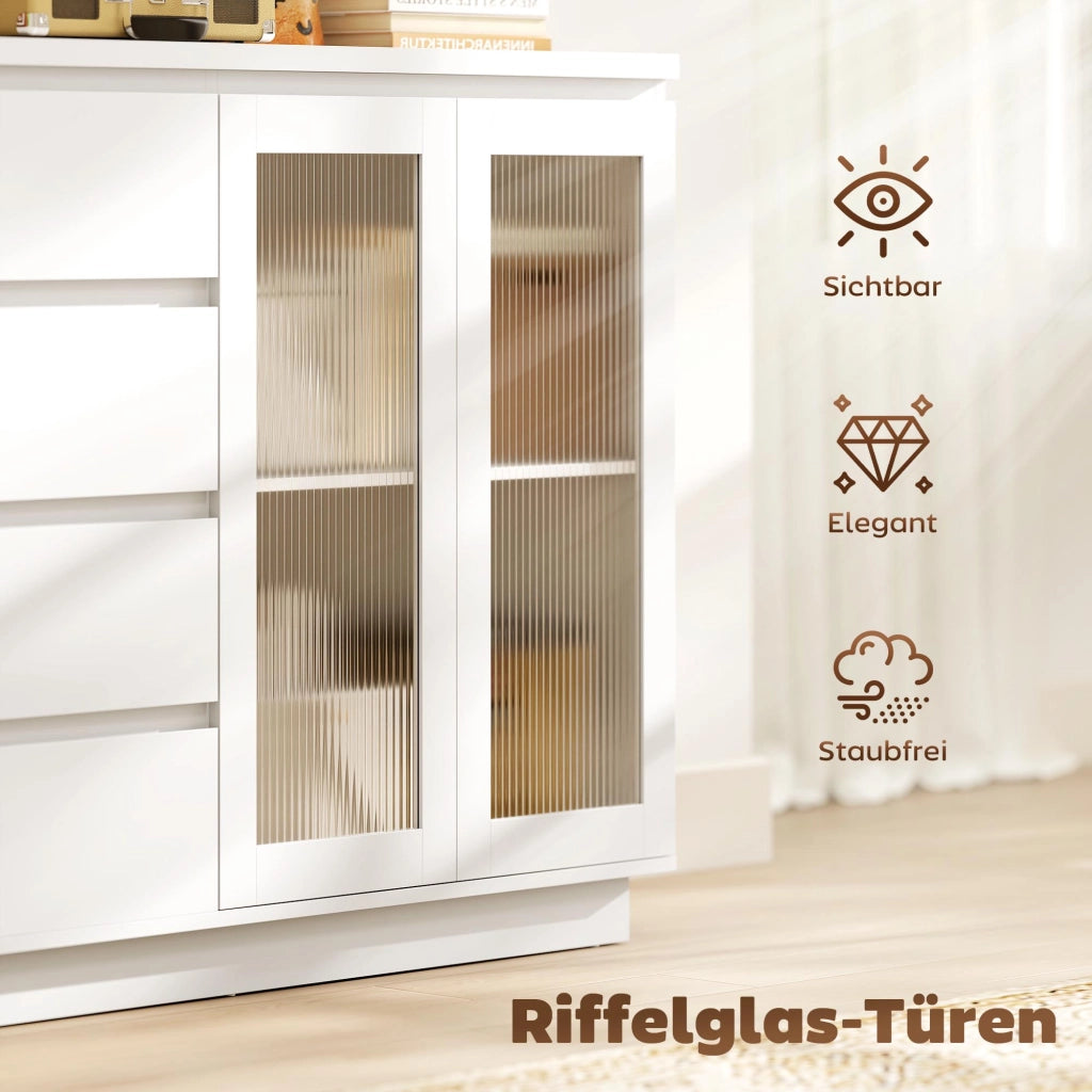 Credenza con 4 cassetti e 2 ante in vetro ¨C zephmum ¨C Bianco MDF 120x40x90