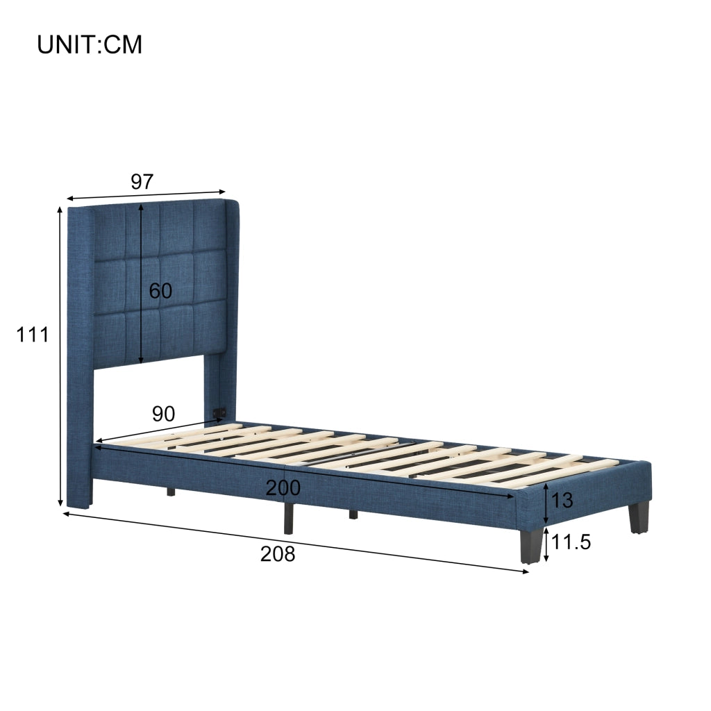 letto imbottito lino blu 90 x 200 cm