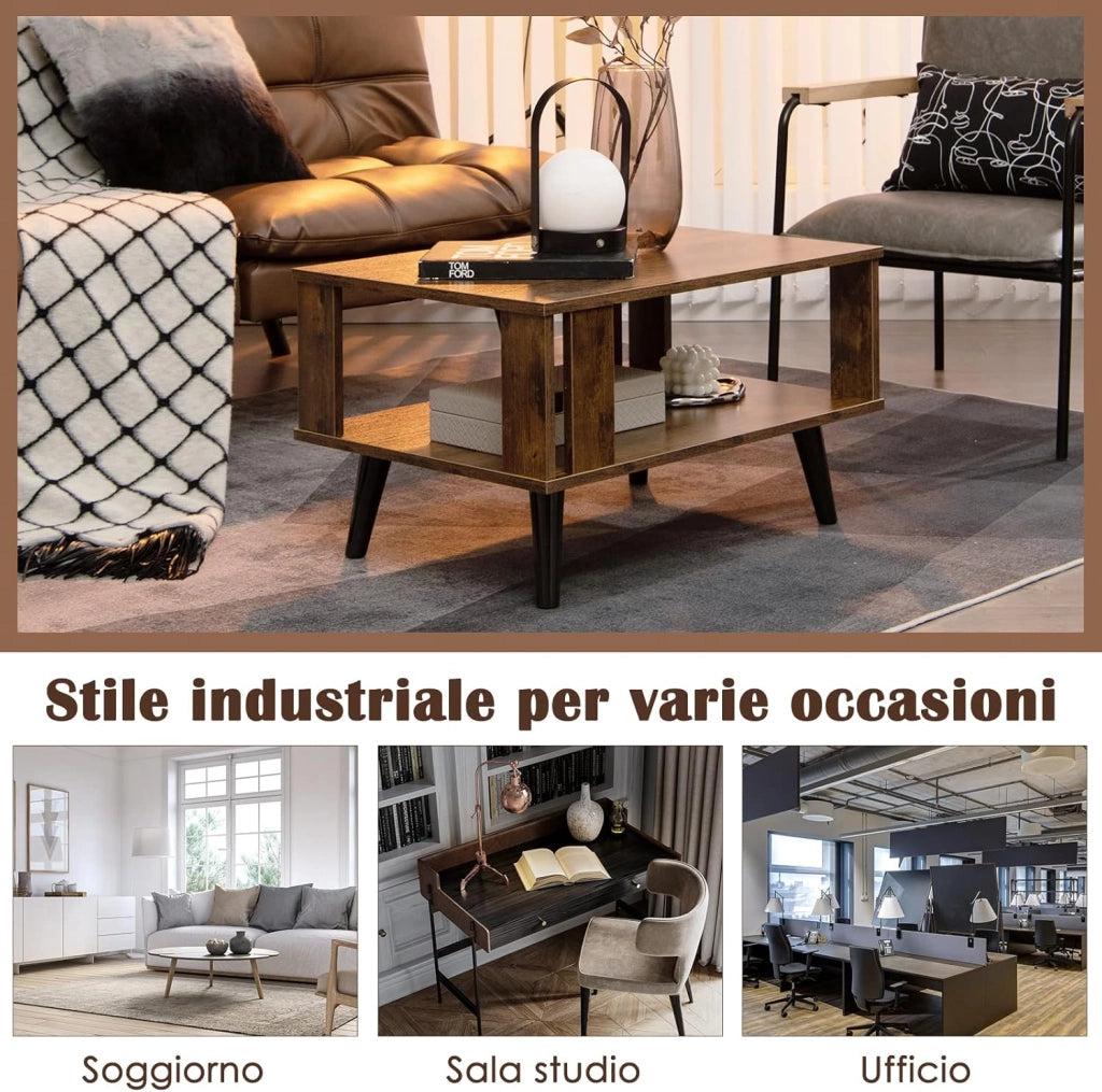 Tavolino da Salotto in Legno, Tavolino Centrale a 2 Livelli con Ripiano di Stoccaggio Aperto, Tavolino da Caffè Industriale e Moderno per Soggiorno e Ufficio, Portata 50 kg, 70 x 50 x 41cm