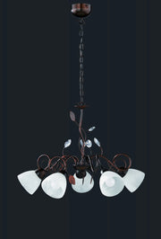 TRADITIO LAMPADARIO 5 LUCI ATTACCO E14 METALLO RUGGINE ANTICO VETRI BIANCHI CON GEMME TRASPARENTI D.70CM
