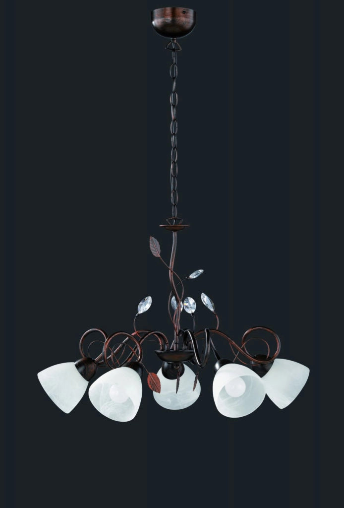 TRADITIO LAMPADARIO 5 LUCI ATTACCO E14 METALLO RUGGINE ANTICO VETRI BIANCHI CON GEMME TRASPARENTI D.70CM