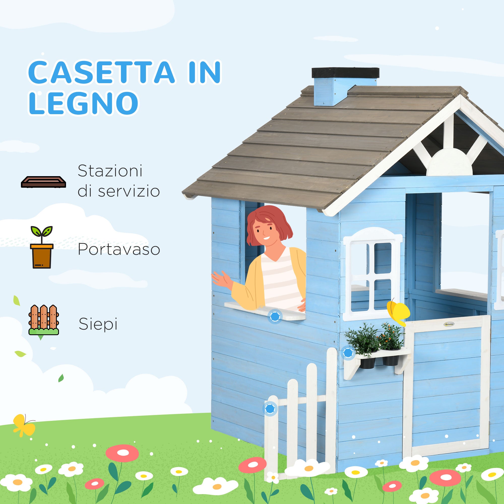 Easycomfort Casa per Bimbi 3-7 Anni con Staccionata, Portavasi, Porta e Finestre, in Legno di Abete, 151x112.5x142 cm, Blu