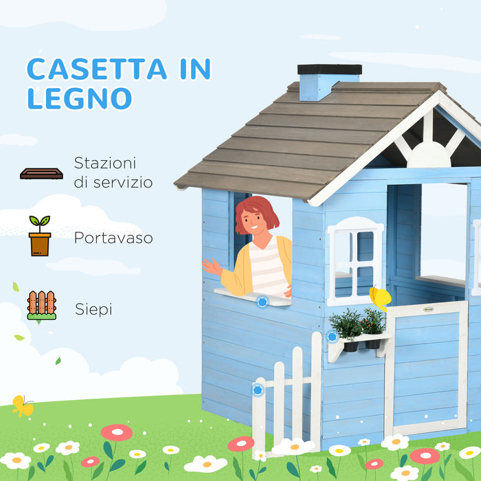 Easycomfort Casa per Bimbi 3-7 Anni con Staccionata, Portavasi, Porta e Finestre, in Legno di Abete, 151x112.5x142 cm, Blu