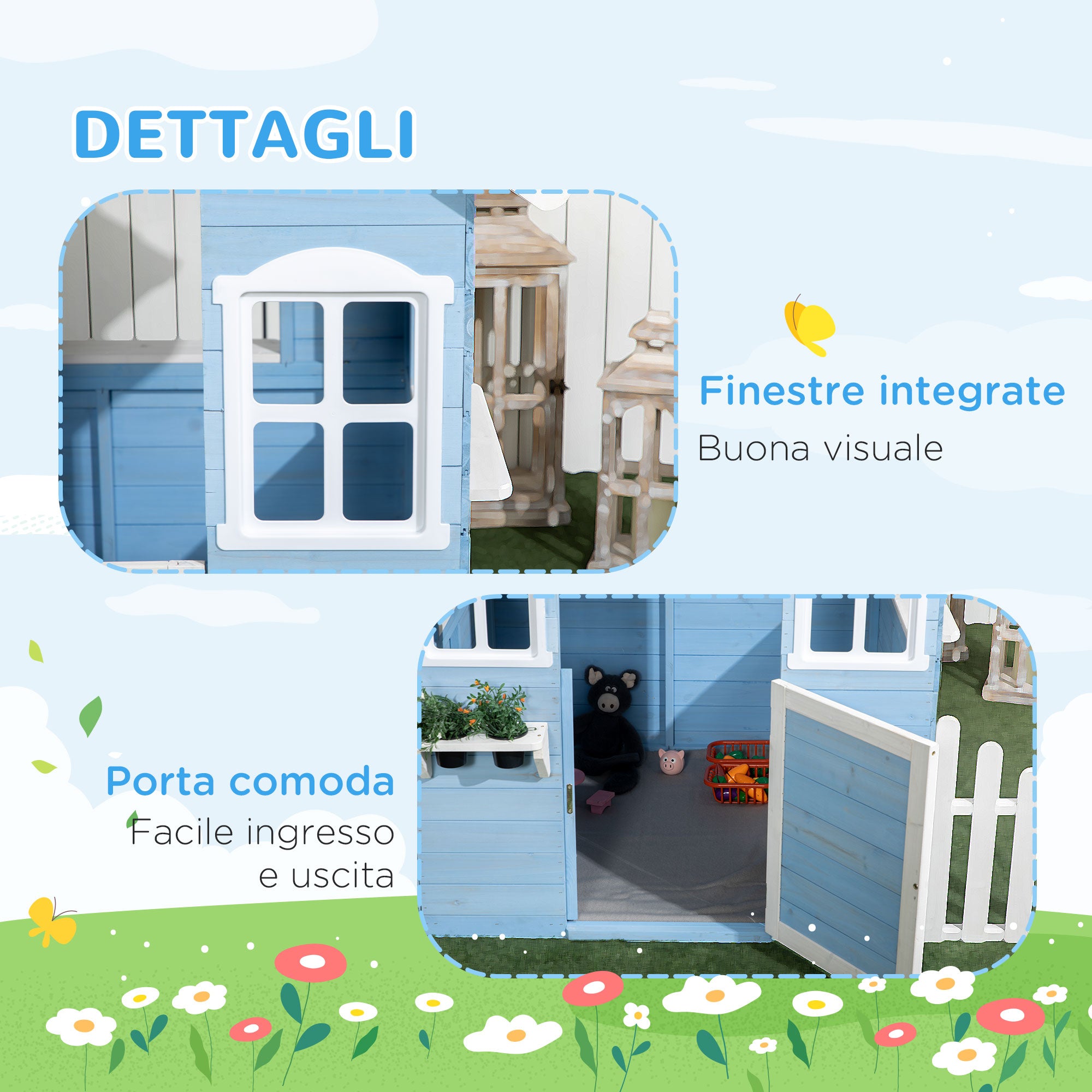 Easycomfort Casa per Bimbi 3-7 Anni con Staccionata, Portavasi, Porta e Finestre, in Legno di Abete, 151x112.5x142 cm, Blu