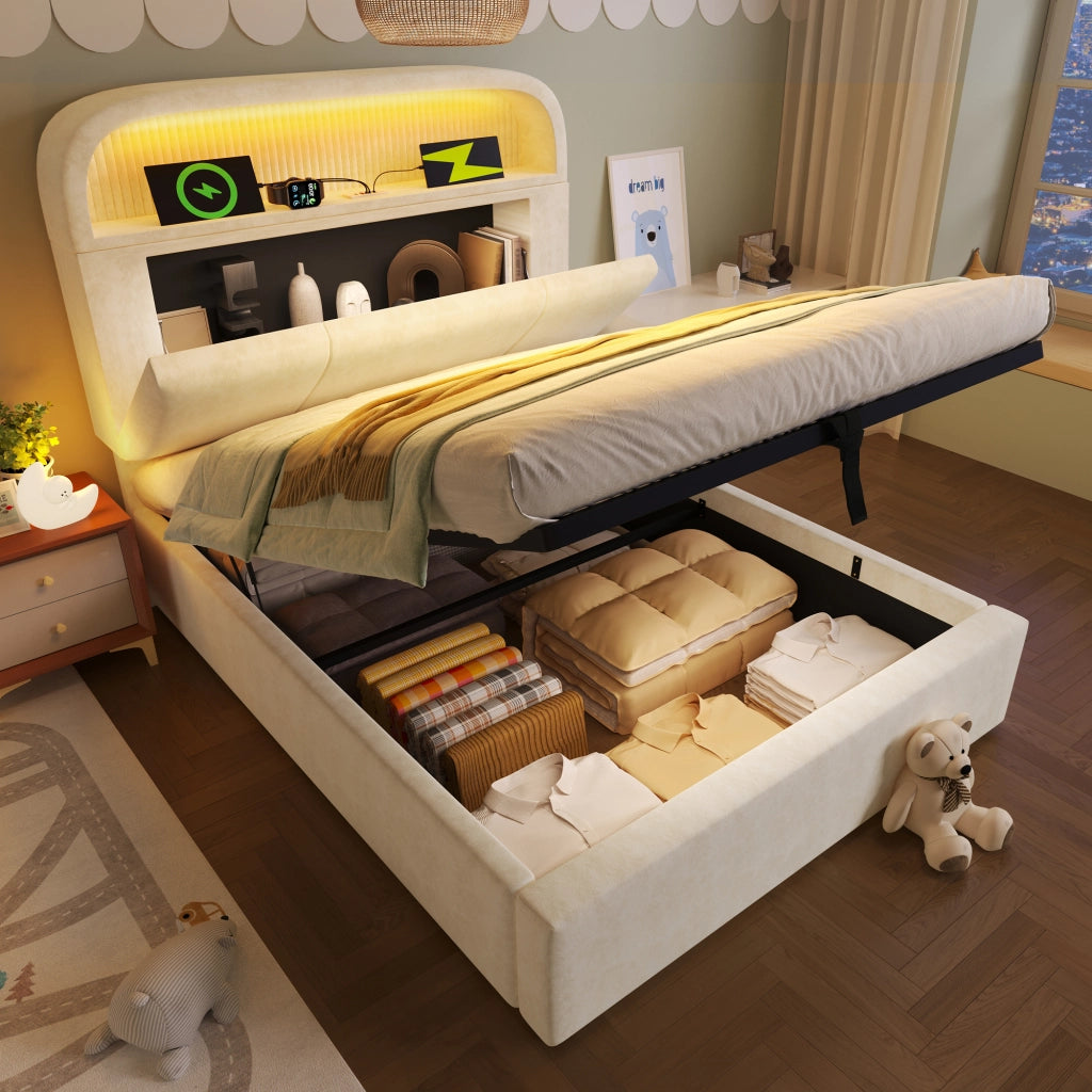 OKWISH Letto Contenitore 90×200 cm, Letto Singolo con LED Regolabile, USB, Tipo C e Testiera Regolabile, senza Materasso, Velluto, Beige