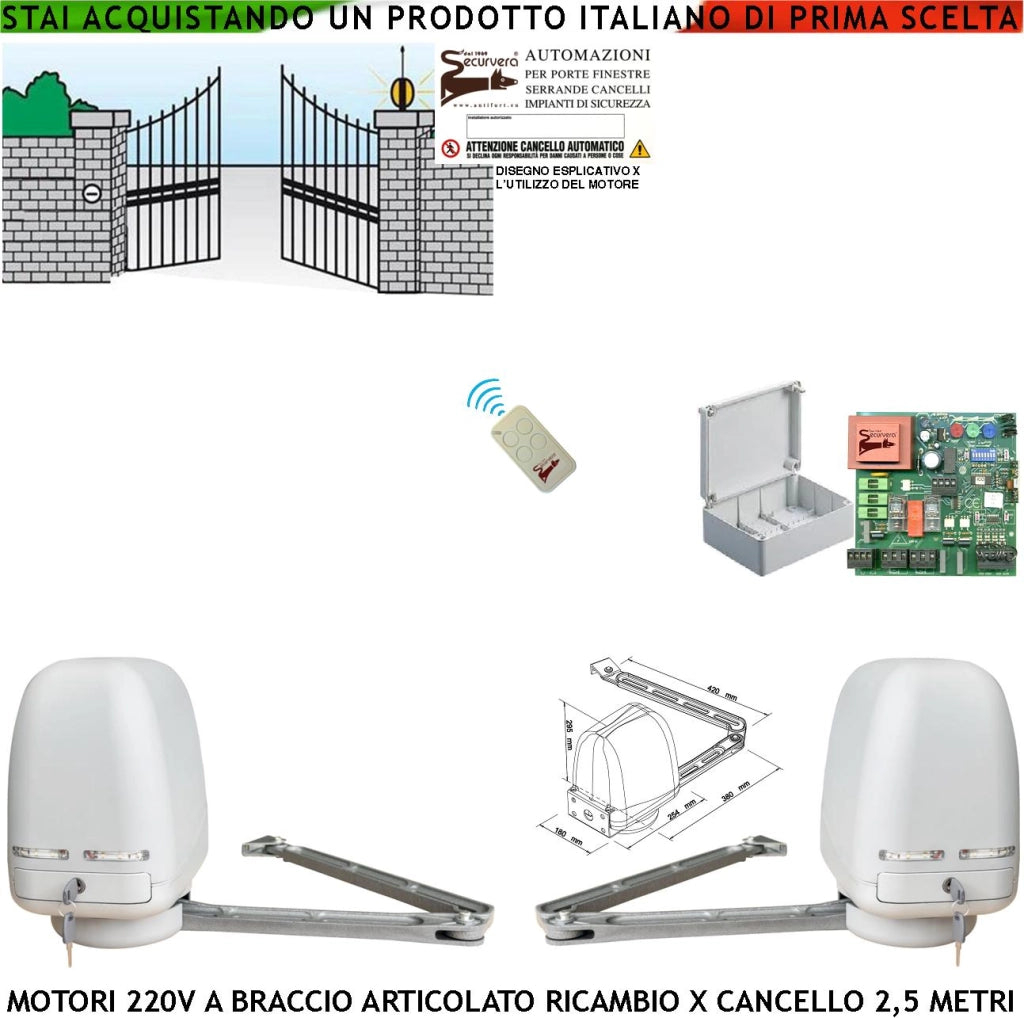 Motori Cancello Elettrico 220 V a Compasso Braccio Articolato Ricambio Cancello Automatico 5 Metri 2 Ante Battenti da 0,5 Fino a 2,5 Metri Centrale Radiocomando