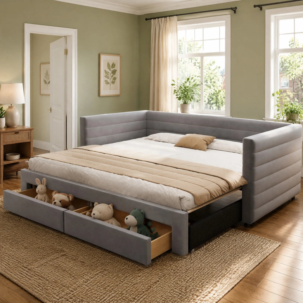 Letto imbottito estraibile 3 in 1 grigio 90x190 cm