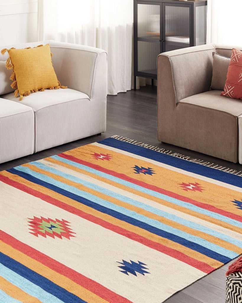 Tappeto Kilim in cotone intrecciato a mano con motivo geometrico reversibile e nappe 200 x 300 cm multicolore soggiorno camera da letto