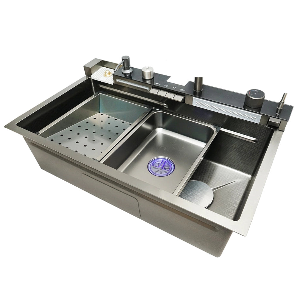 Lavello da cucina multifunzionale in acciaio inox con 2 rubinetti, display digitale della temperatura, funzione cascata, dispenser di sapone, lavapentole, scolapiatti, vassoio, tagliere e accessori di scarico inclusi, dimensioni 75×46×23,5 cm.