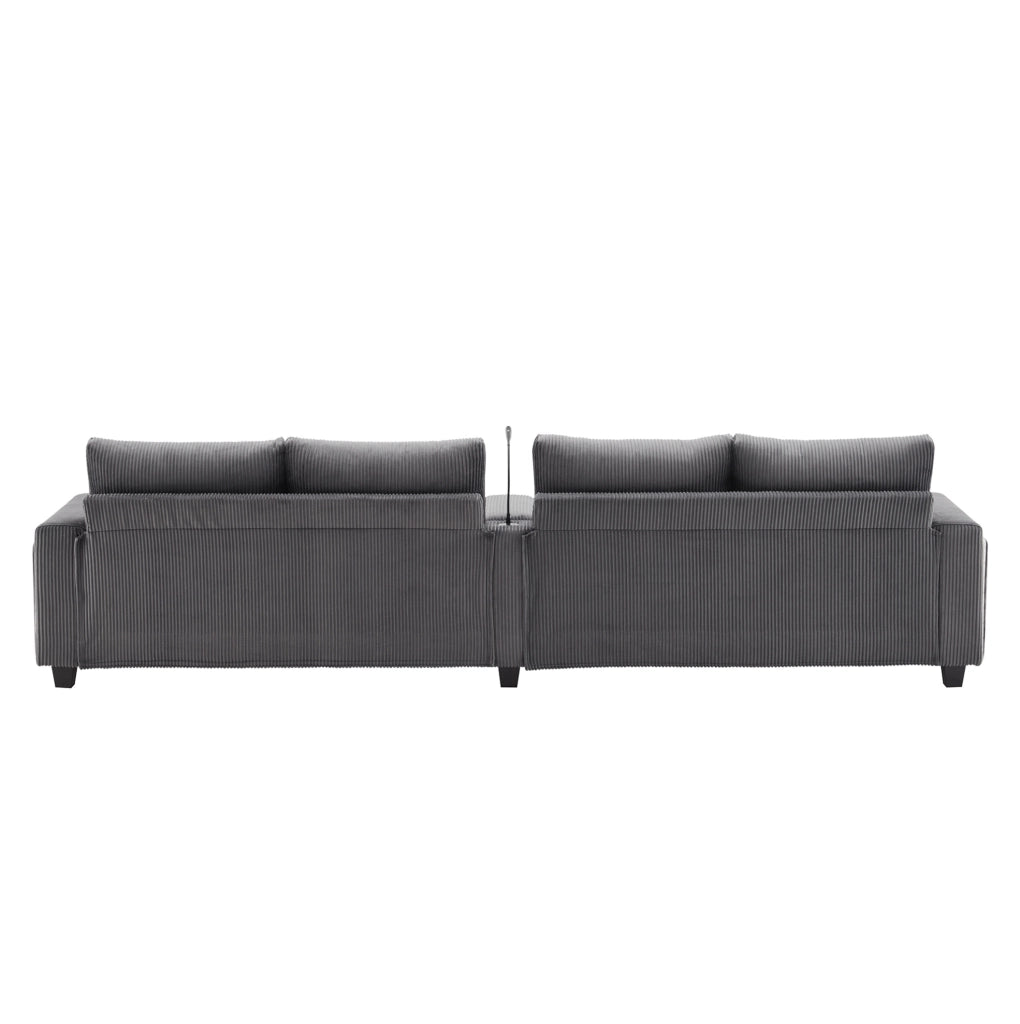 Divano a U in velluto a coste con 2 pouf contenitore; LED; USB e Type-C; grigio 334x128;5x81 cm