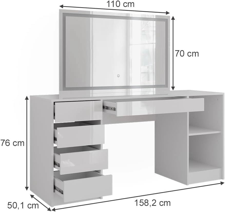 Tavolo da toeletta Sherry, Bianco/bianco lucido, 158.2 cm con specchio LED
