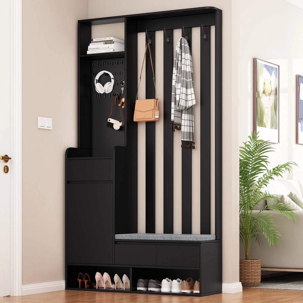 Mobile d'Ingresso con Panca Imbottita; Pannello Forato; 4 Ganci e 1 Cassetto; Stile Moderno; in MDF; 100??35??180 cm; Nero