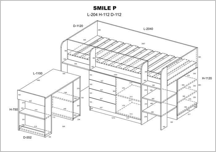 LETTO MOBILE CASSETTIERA CON SCRITTOIO SMILE P 204x 112x112cm LATO DESTRO ROVERE BIANCO