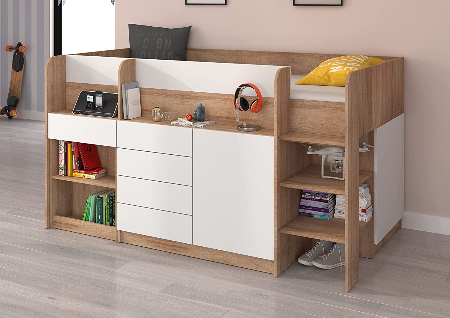 LETTO MOBILE CASSETTIERA CON SCRITTOIO SMILE P 204x 112x112cm LATO DESTRO ROVERE BIANCO