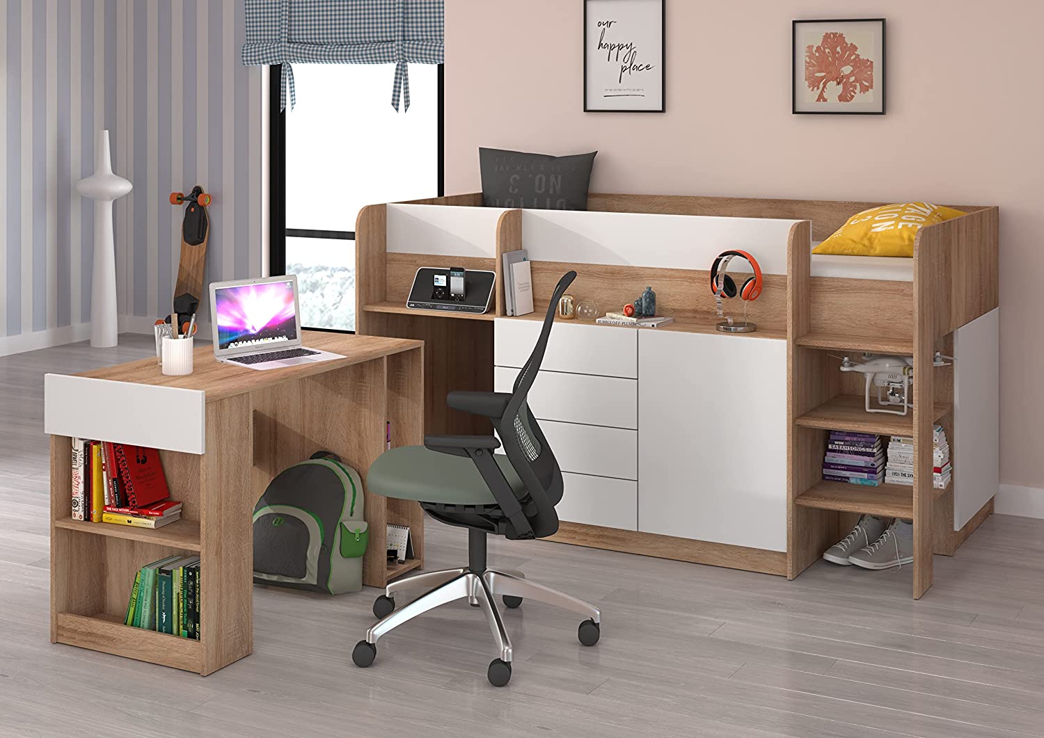 LETTO MOBILE CASSETTIERA CON SCRITTOIO SMILE P 204x 112x112cm LATO DESTRO ROVERE BIANCO