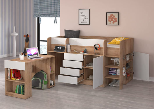 LETTO MOBILE CASSETTIERA CON SCRITTOIO SMILE P 204x 112x112cm LATO DESTRO ROVERE BIANCO
