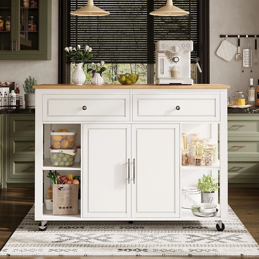 Isola cucina premium con ruote - Xylo - 2 cassetti freni legno multifunzione