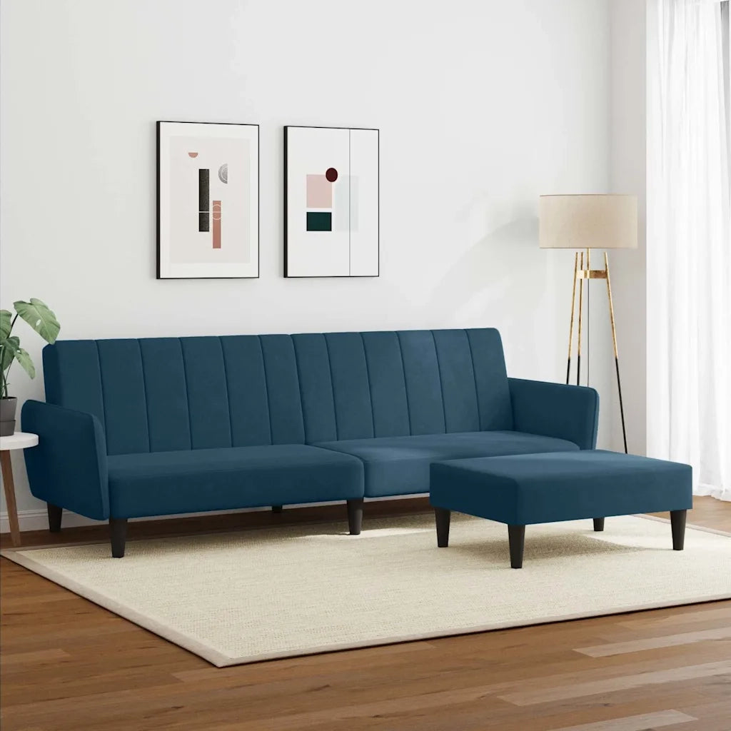 Divano Letto 2 Posti con Poggiapiedi Blu in Velluto