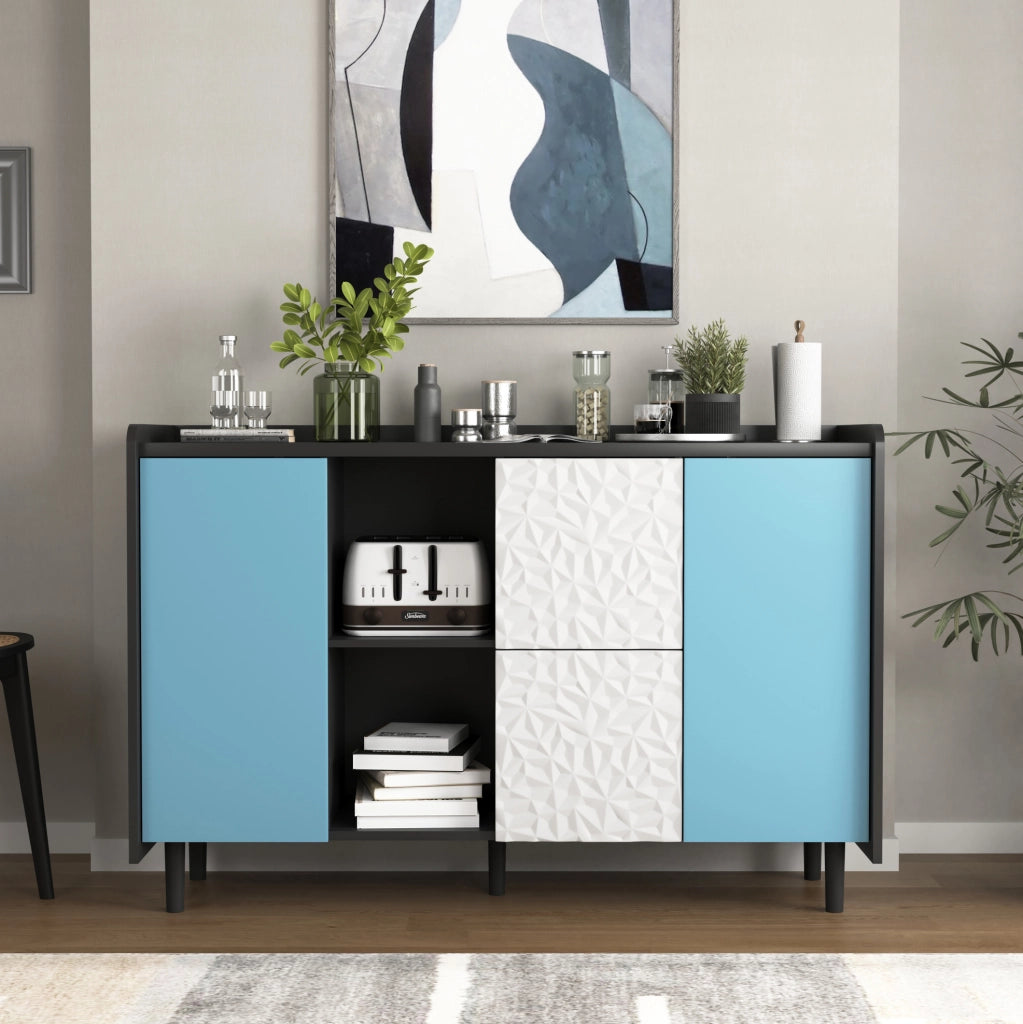 Buffet nero con ante blu, 2 cassetti e 2 scomparti aperti, credenza moderna in MDF 40x120x80 cm