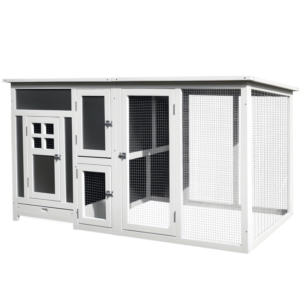 Pollame Casa per Galline in Legno con Recinto ¨C zephmum ¨C Grigio+Bianco 160x75x80 cm