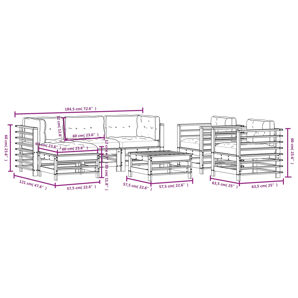 Set Divani da Giardino 7pz con Cuscini in Legno Massello Bianco 3185837