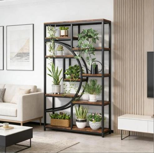 Libreria geometrica a 9 ripiani aperti in metallo e finitura legno