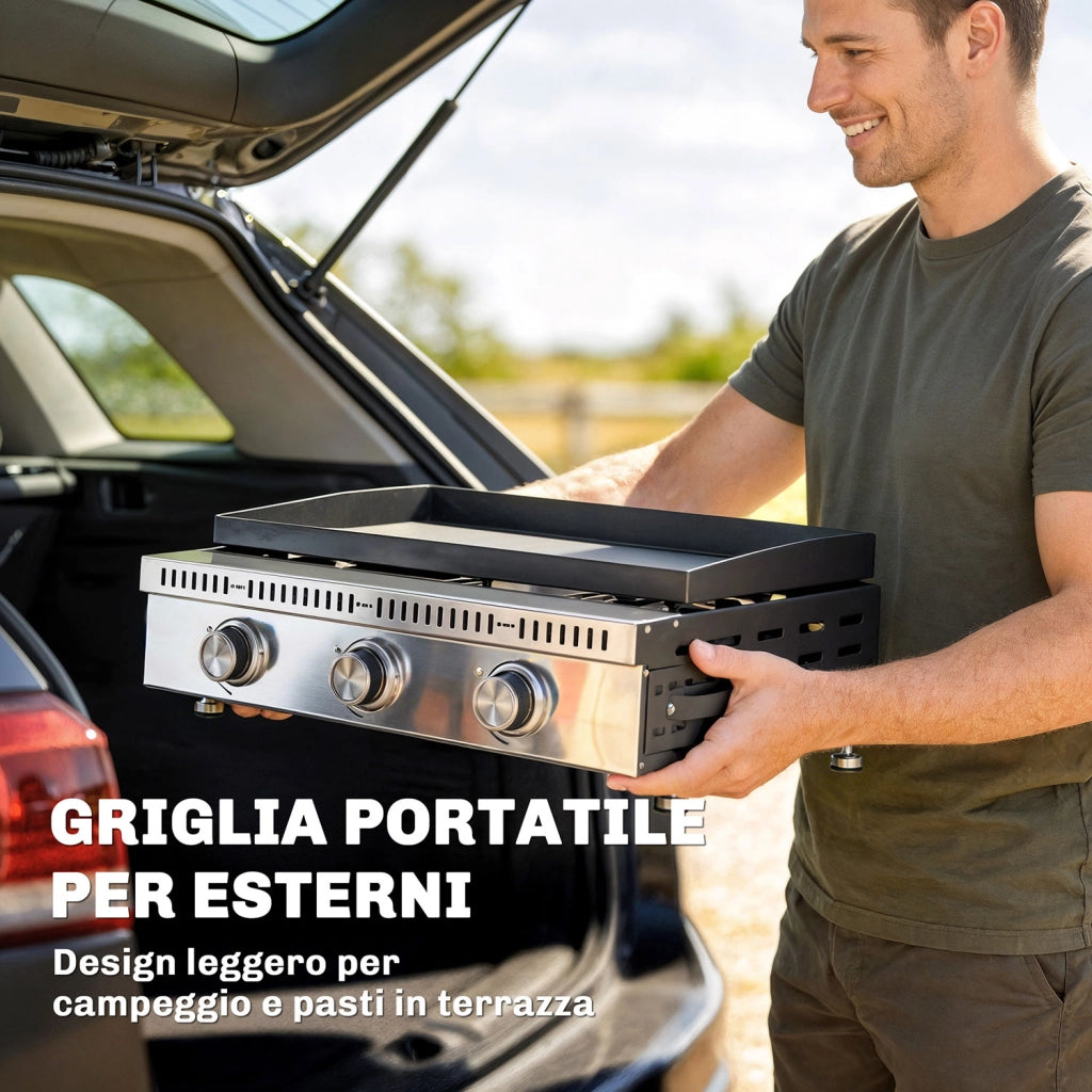 Griglia a Gas 62x49x23 cm Piastra di Cottura Portatile 3 Bruciatori con Vaschetta Raccogli Grasso Nero