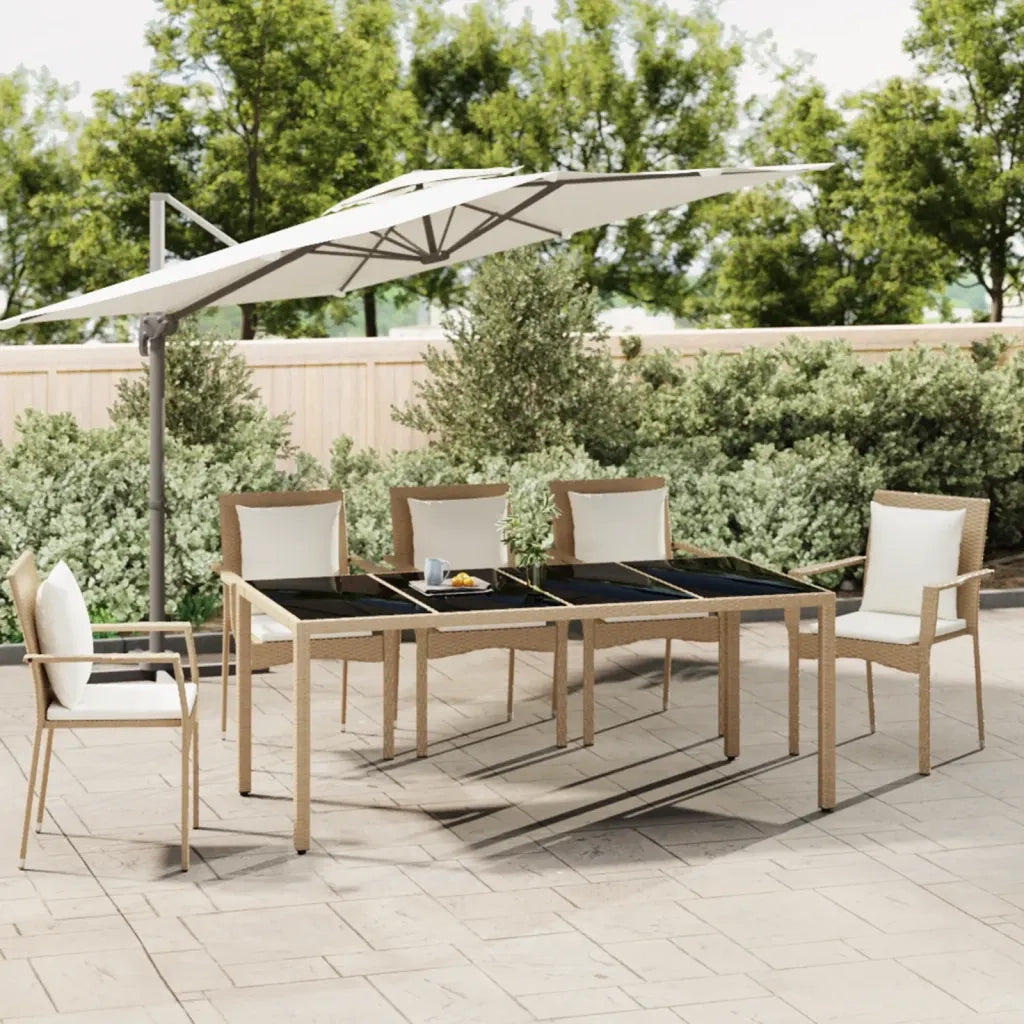 Tavolo da Giardino | Tavolino da esterno Piano Vetro Beige Polyrattan Vetro Temperato
