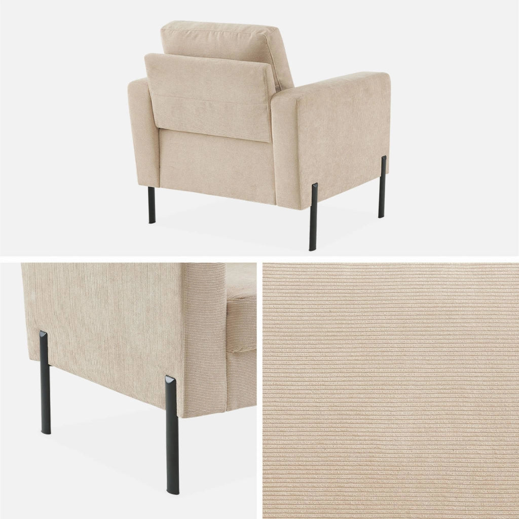 Poltrona in velluto a coste, gambe in metallo, beige