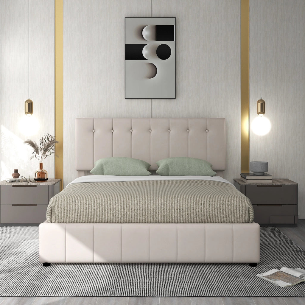 Letto Contenitore 140x200 cm; con Alzata Idraulica; Testiera Imbottita e Velluto Crema