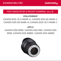 24/1.5 Lens Video DSLR II Canon EF obiettivo video a fuoco manuale 0.8 Gear, grandangolo nero