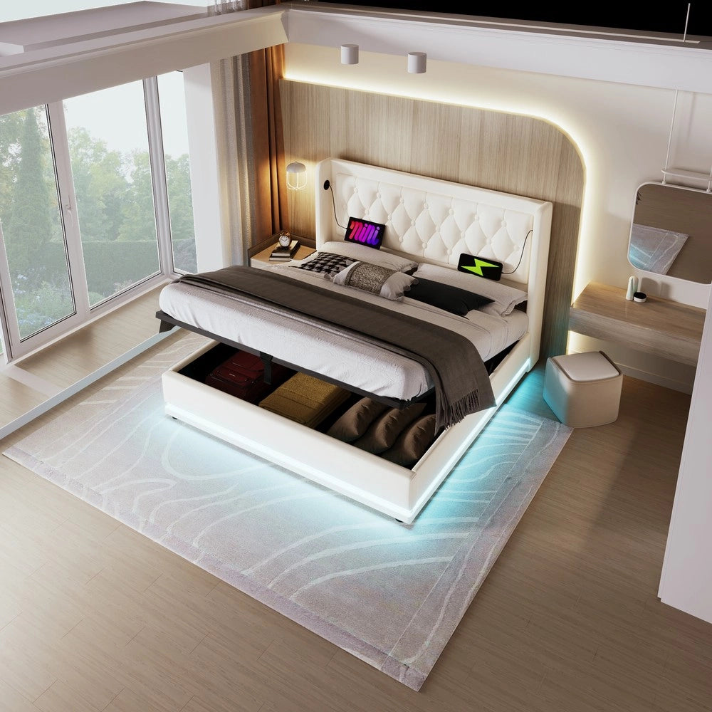 Letto Contenitore Matrimoniale Imbottito con LED e USB ¨C Xylo ¨C Bianco, 140x200, Idraulico, Similpelle