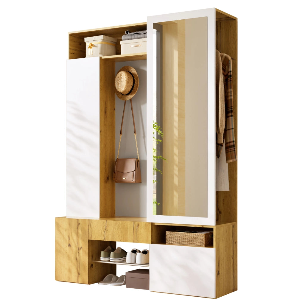Guardaroba in MDF con specchio, scarpiera, mobile ingresso, appendiabiti con asta e ganci