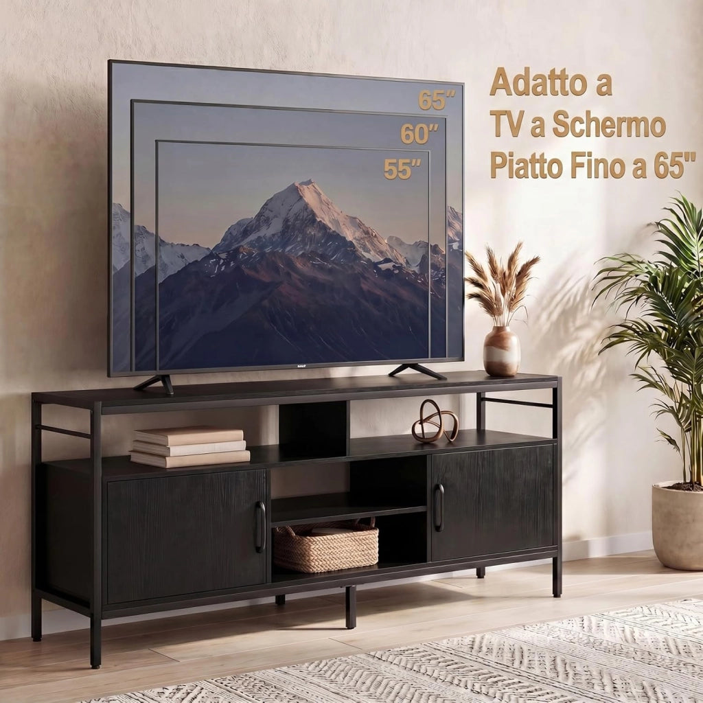 Mobile TV per Soggiorno, Mobile TV con 4 Ripiani Aperti e 2 Armadietti Chiusi, per Televisori fino a 65 Pollici, Stile Industriale con Struttura in Metallo per Camera da Letto (Nero)